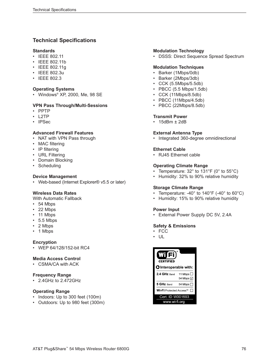 Technical specifications | AT&T Plug&Share 6800G User Manual | Page 76 / 77