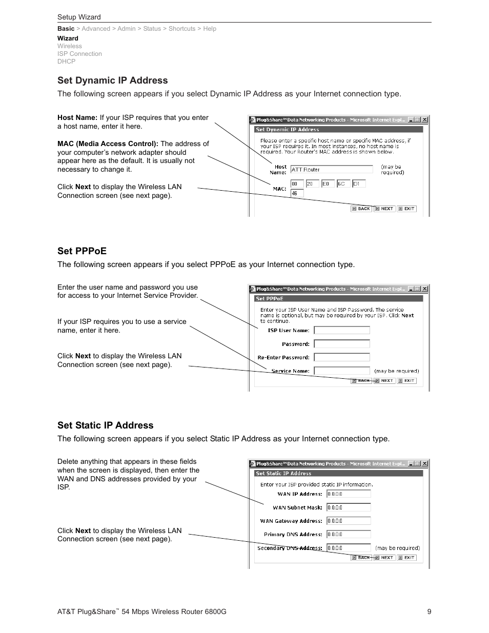 Set dynamic ip address, Set pppoe, Set static ip address | AT&T Plug&Share 6800G User Manual | Page 9 / 77