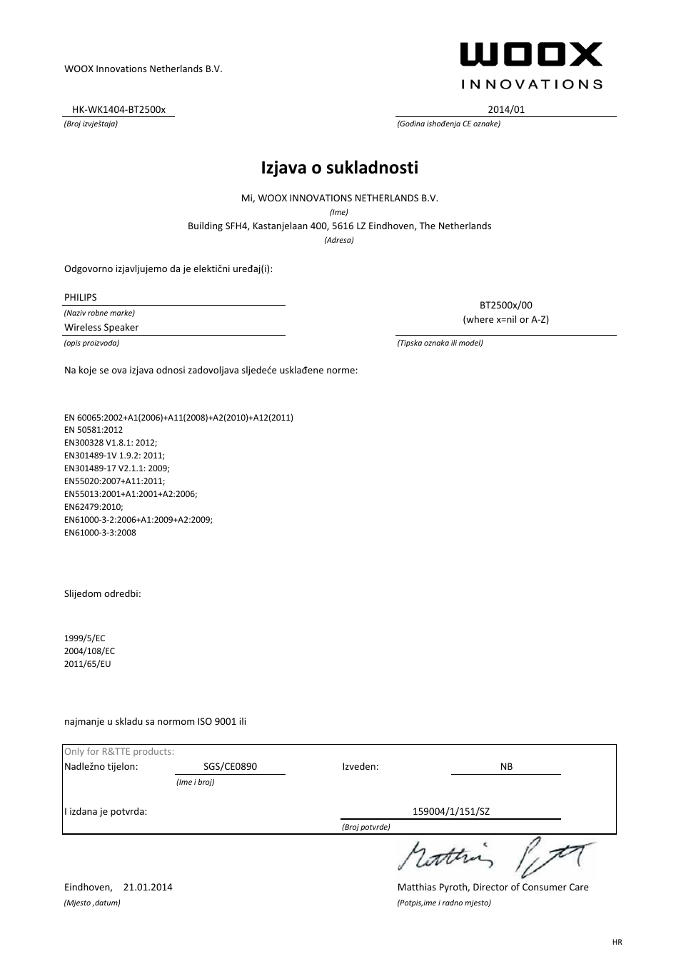 Izjava o sukladnosti | Philips enceinte portable sans fil User Manual | Page 16 / 21