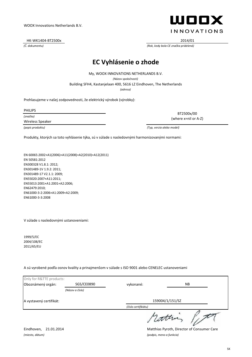 Ec vyhlásenie o zhode | Philips enceinte portable sans fil User Manual | Page 18 / 21