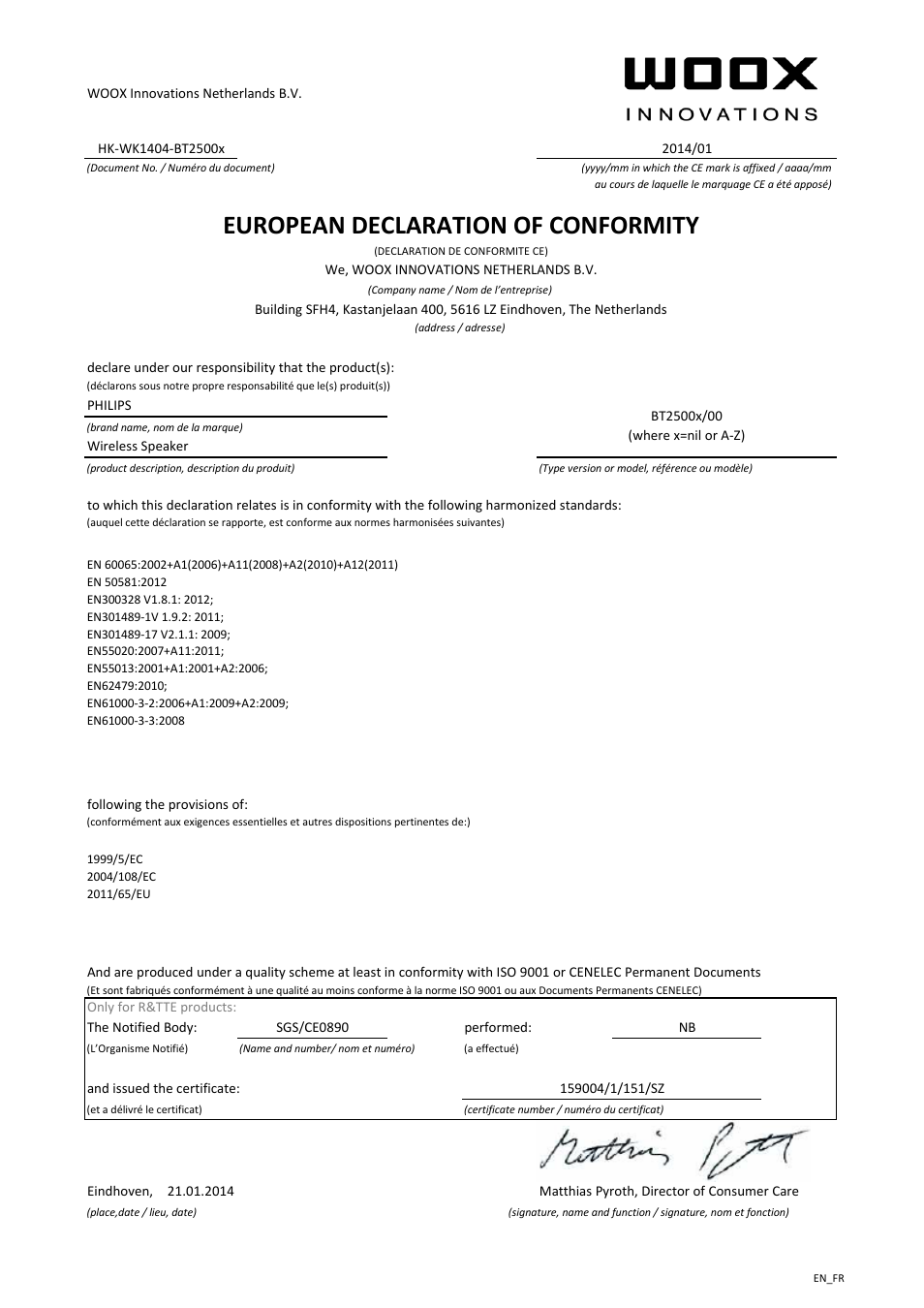 European declaration of conformity | Philips enceinte portable sans fil User Manual | Page 2 / 21