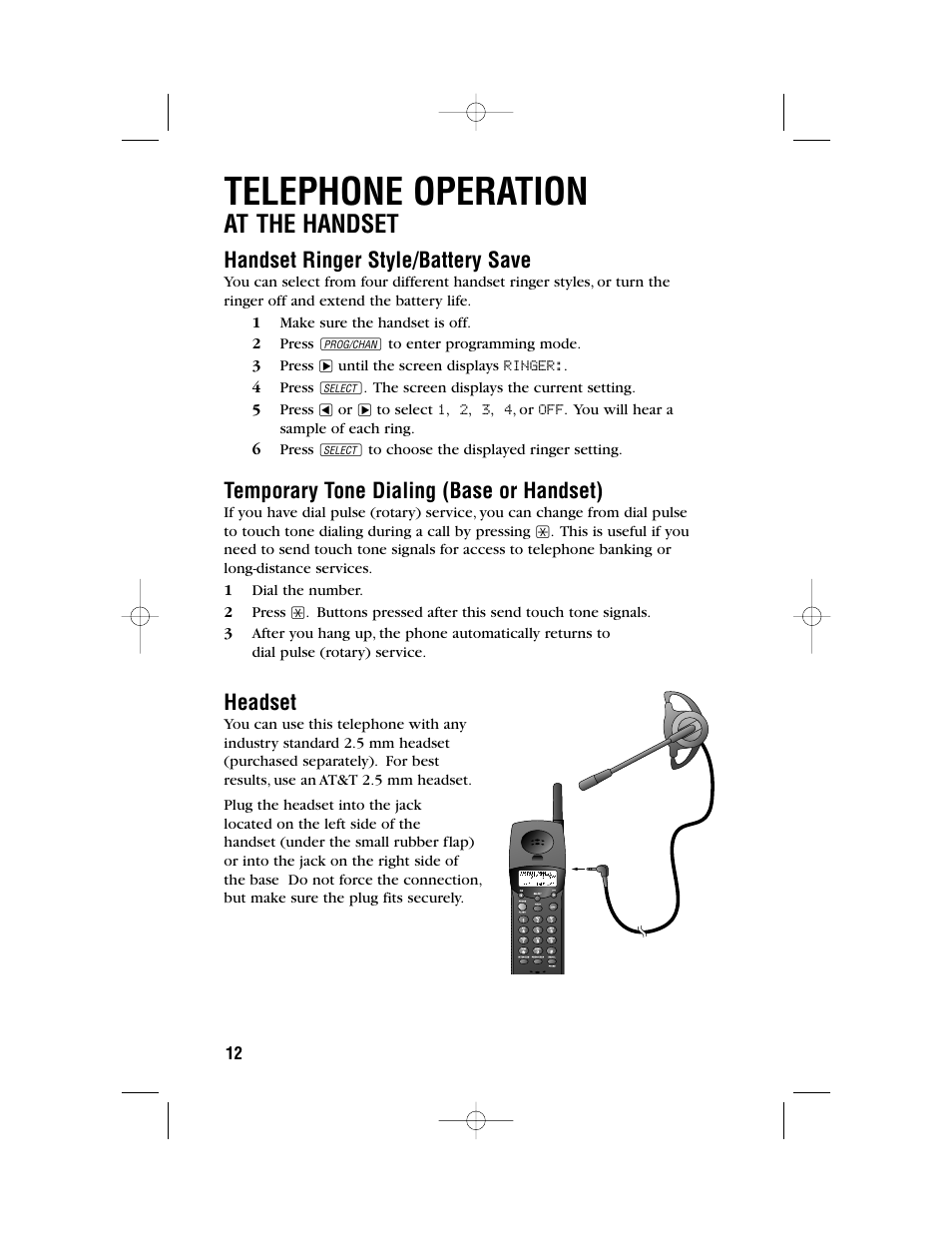 Telephone operation, At the handset, Handset ringer style/battery save | Temporary tone dialing (base or handset), Headset | AT&T 1480 User Manual | Page 15 / 37