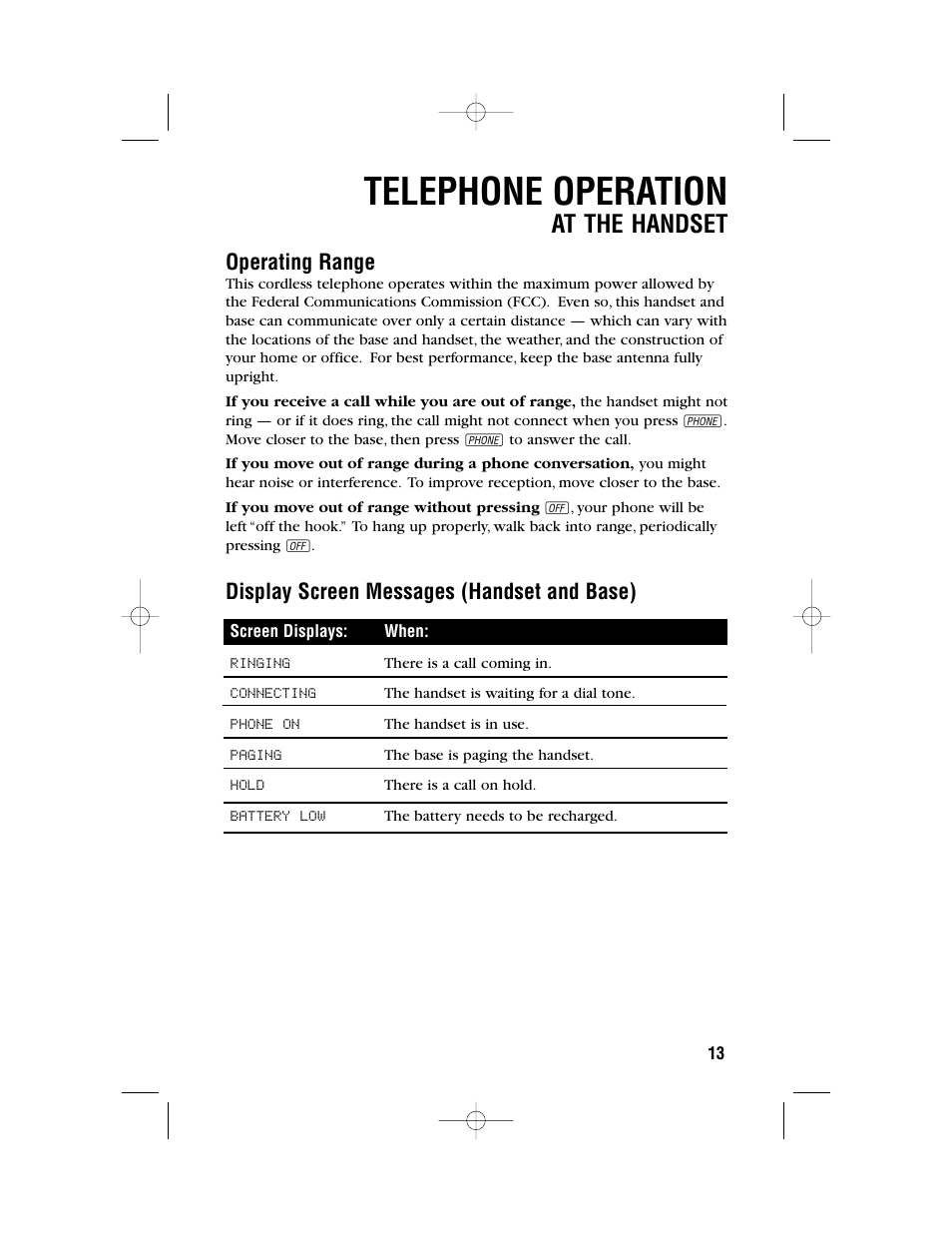 Telephone operation, At the handset, Operating range | Display screen messages (handset and base) | AT&T 1480 User Manual | Page 16 / 37