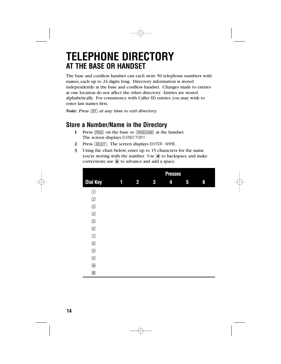 Telephone directory, At the base or handset, Store a number/name in the directory | AT&T 1480 User Manual | Page 17 / 37