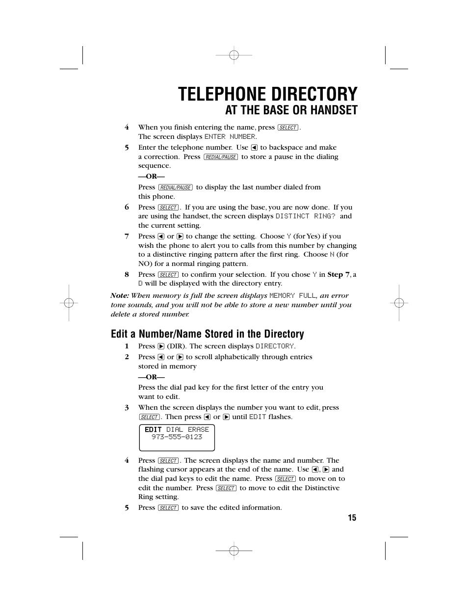 Telephone directory, At the base or handset, Edit a number/name stored in the directory | AT&T 1480 User Manual | Page 18 / 37