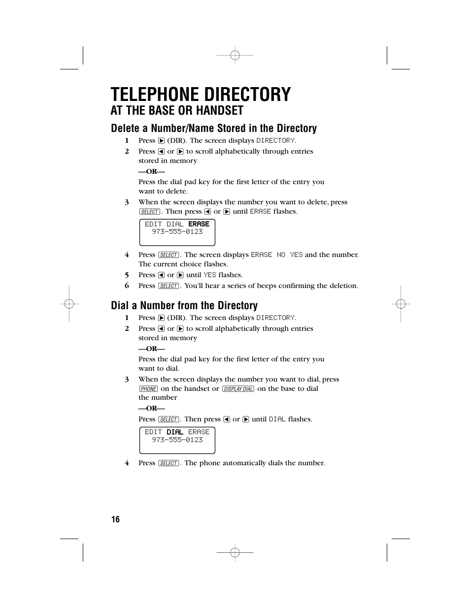 Telephone directory, At the base or handset, Delete a number/name stored in the directory | Dial a number from the directory | AT&T 1480 User Manual | Page 19 / 37