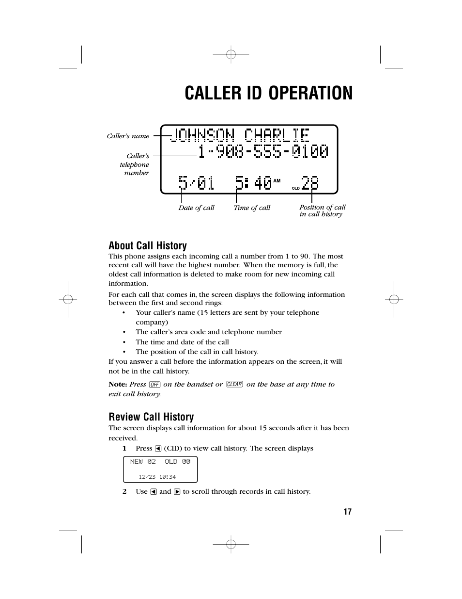 Caller id operation, About call history, Review call history | AT&T 1480 User Manual | Page 20 / 37