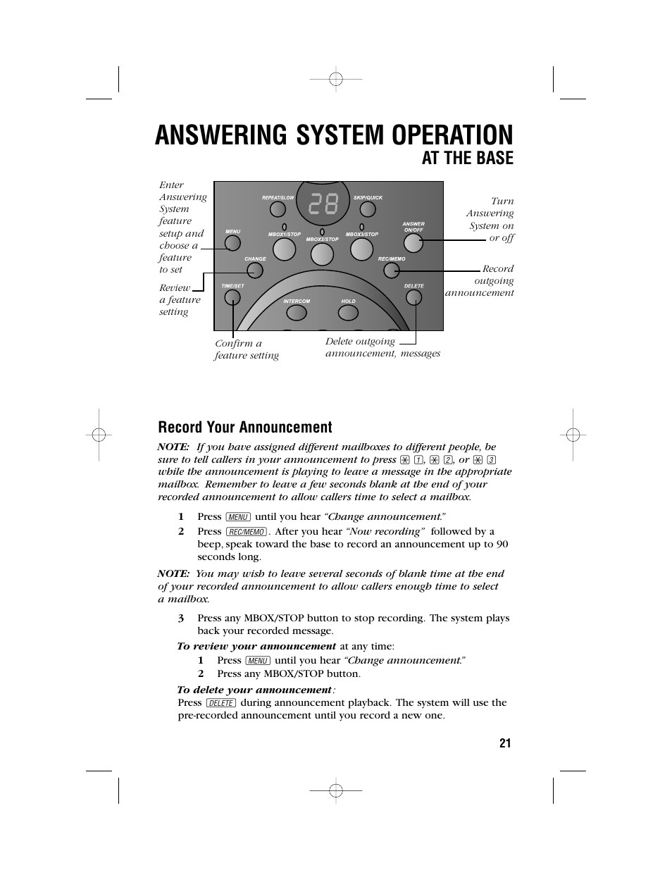 Answering system operation, At the base, Record your announcement | AT&T 1480 User Manual | Page 24 / 37