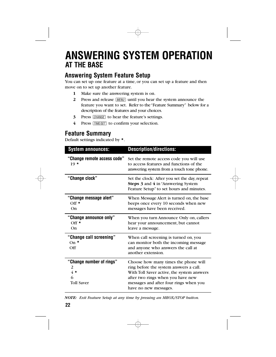 Answering system operation, At the base, Answering system feature setup | Feature summary | AT&T 1480 User Manual | Page 25 / 37