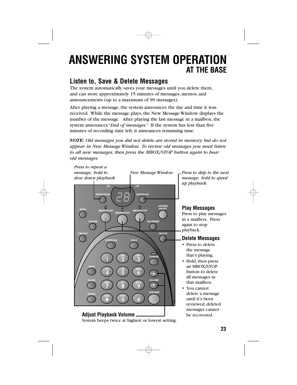 Answering system operation, At the base, Listen to, save & delete messages | AT&T 1480 User Manual | Page 26 / 37