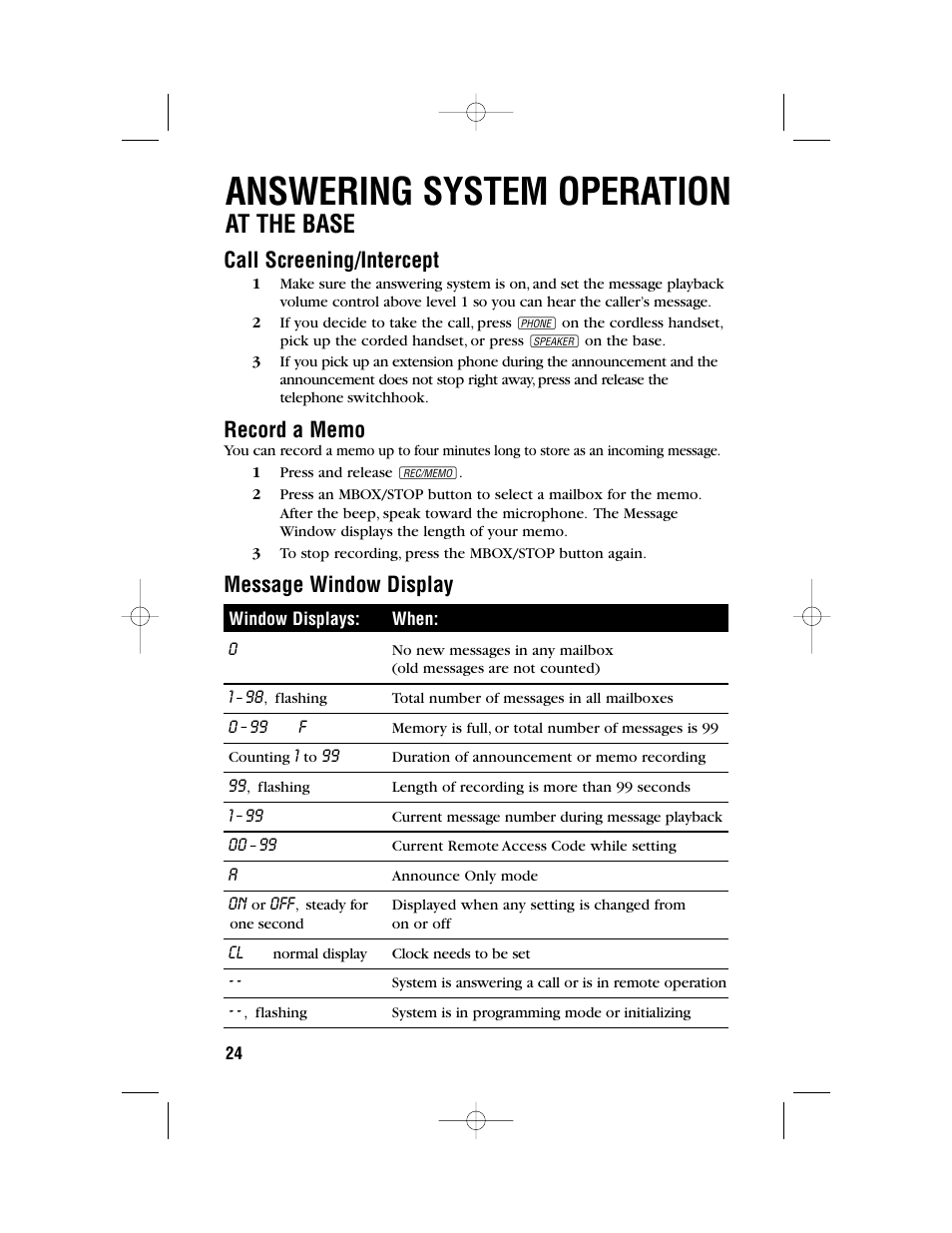 Answering system operation, At the base, Call screening/intercept | Message window display | AT&T 1480 User Manual | Page 27 / 37