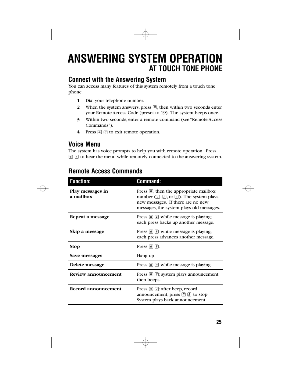 Answering system operation, At touch tone phone, Connect with the answering system | Voice menu, Remote access commands | AT&T 1480 User Manual | Page 28 / 37