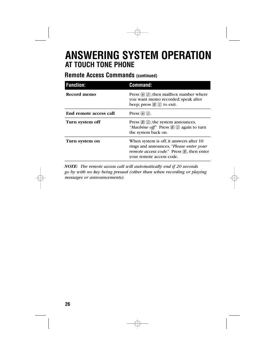 Answering system operation, At touch tone phone, Remote access commands | AT&T 1480 User Manual | Page 29 / 37