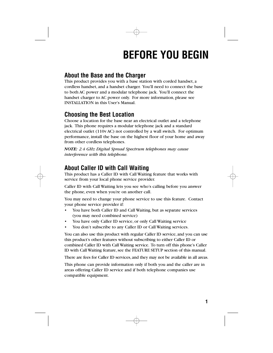 Before you begin, About the base and the charger, Choosing the best location | About caller id with call waiting | AT&T 1480 User Manual | Page 4 / 37