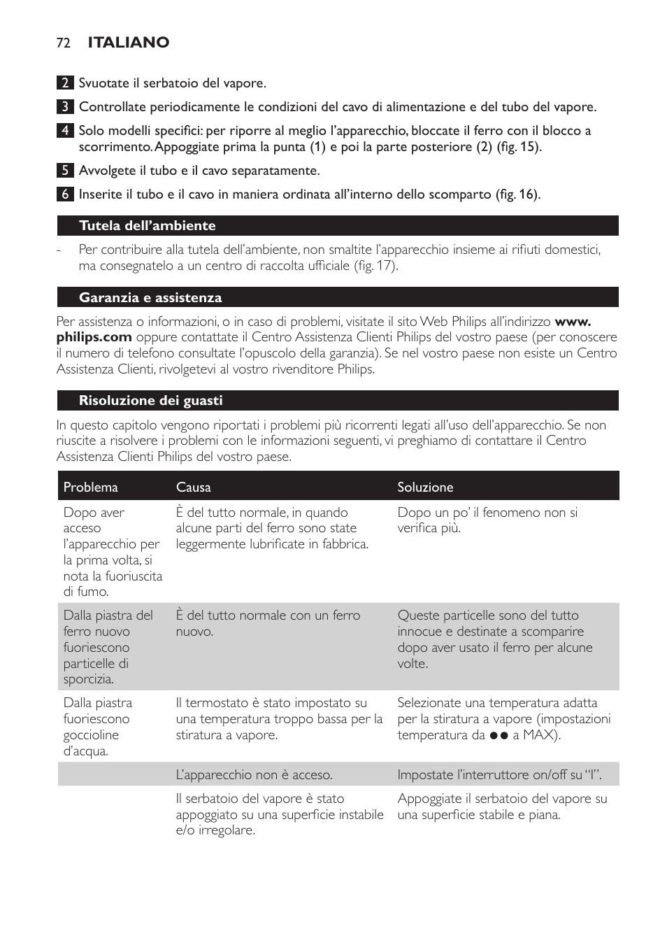 Tutela dell’ambiente, Garanzia e assistenza, Risoluzione dei guasti | Philips 6400 series Centrale vapeur haute pression User Manual | Page 72 / 120