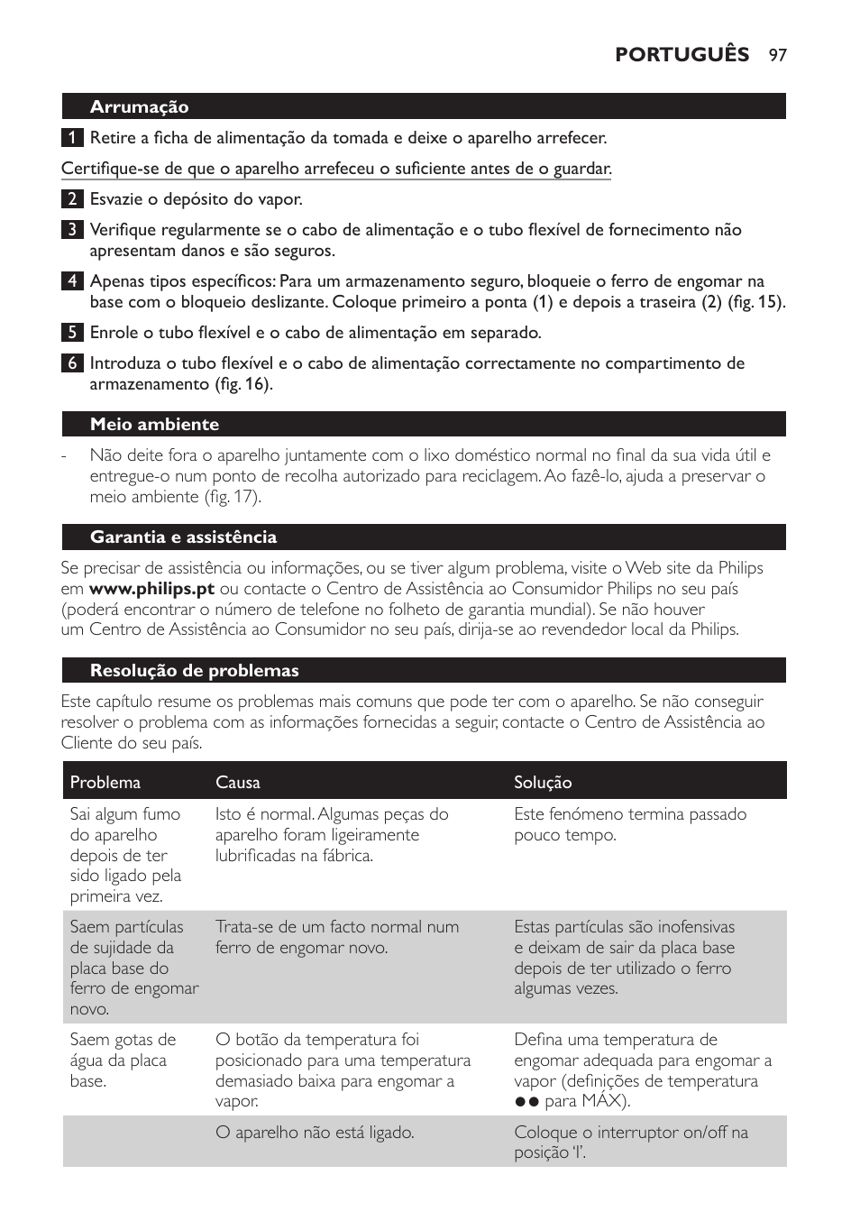 Arrumação, Meio ambiente, Garantia e assistência | Resolução de problemas | Philips 6400 series Centrale vapeur haute pression User Manual | Page 97 / 120