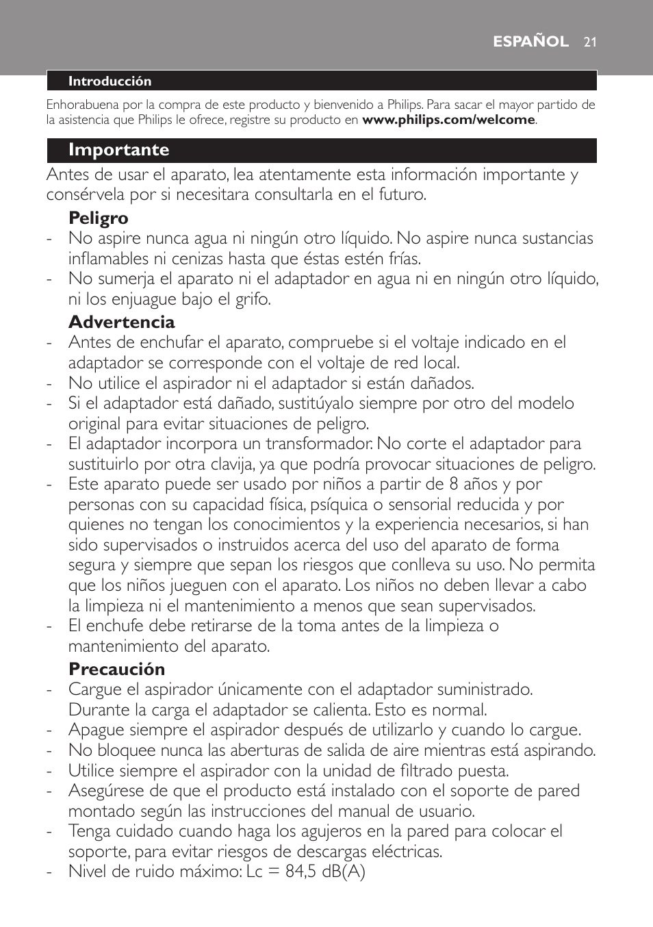 Español | Philips PowerPro Uno Aspirateur balai User Manual | Page 21 / 78