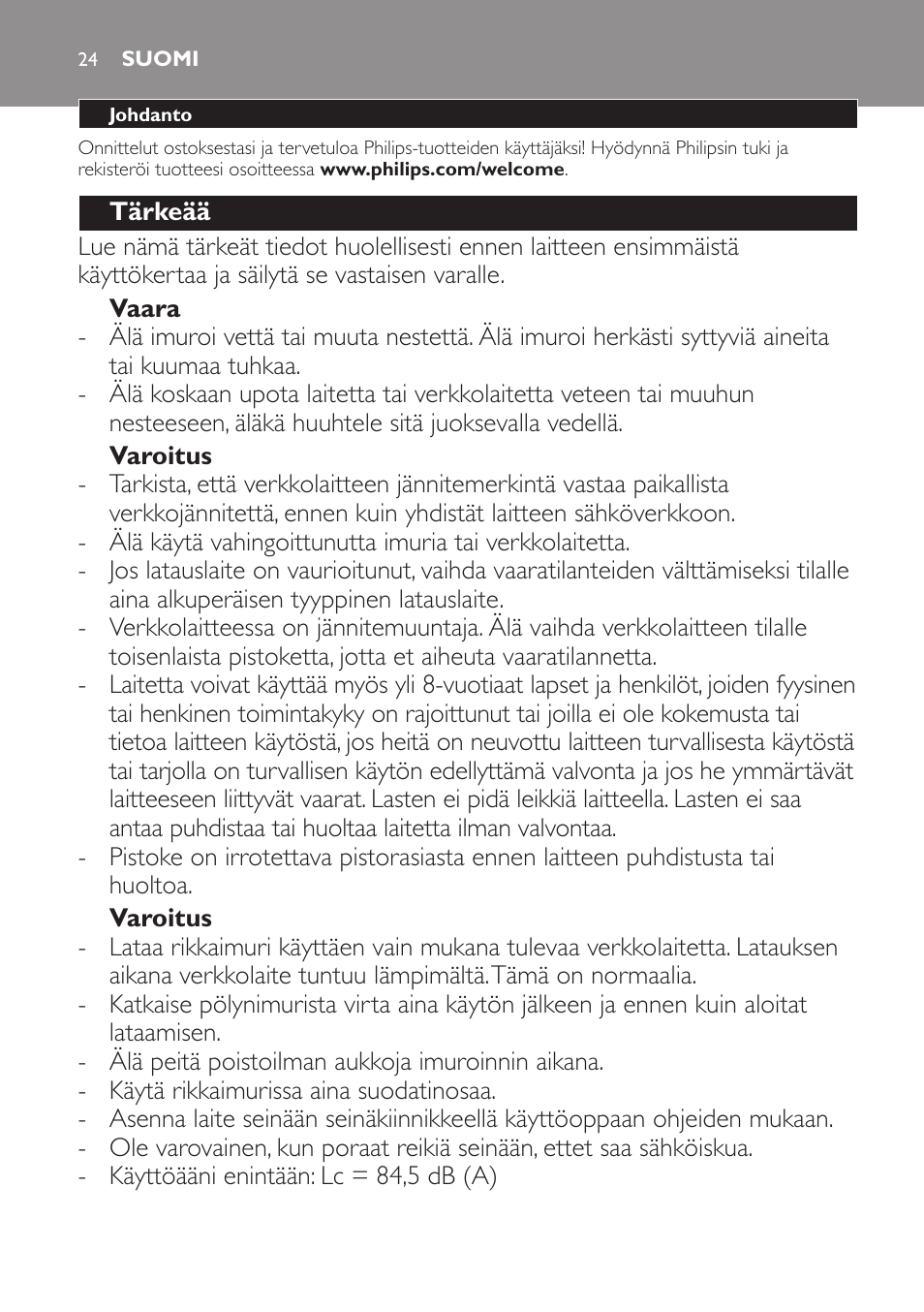 Suomi | Philips PowerPro Uno Aspirateur balai User Manual | Page 24 / 78