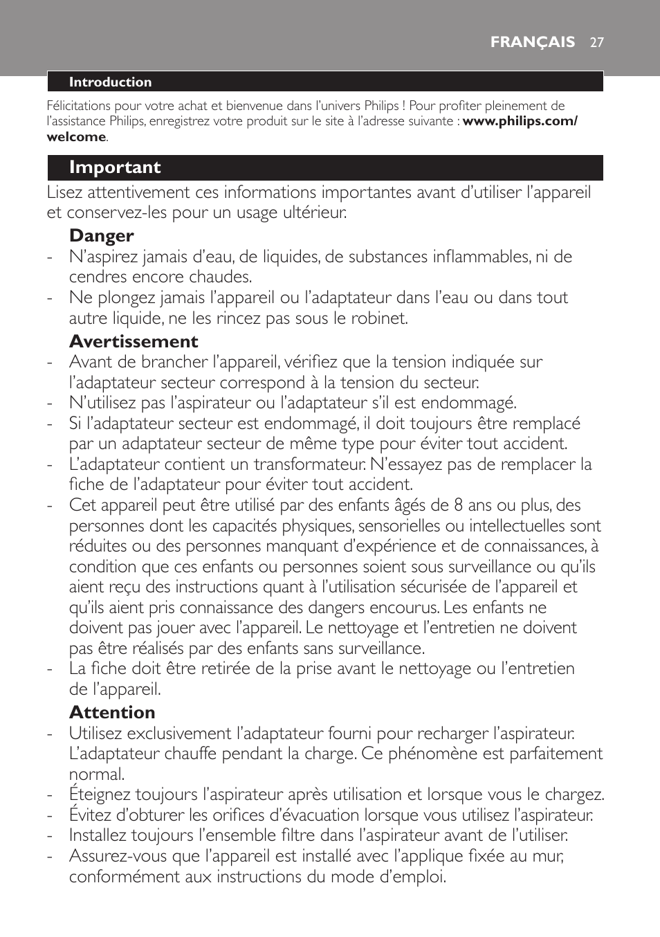 Français, Français 27 | Philips PowerPro Uno Aspirateur balai User Manual | Page 27 / 78