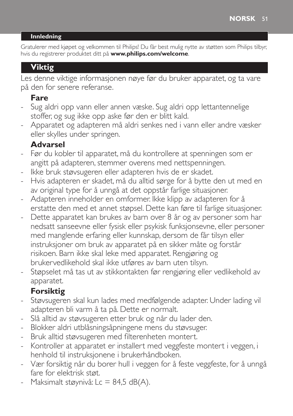 Norsk, Norsk 5 | Philips PowerPro Uno Aspirateur balai User Manual | Page 51 / 78