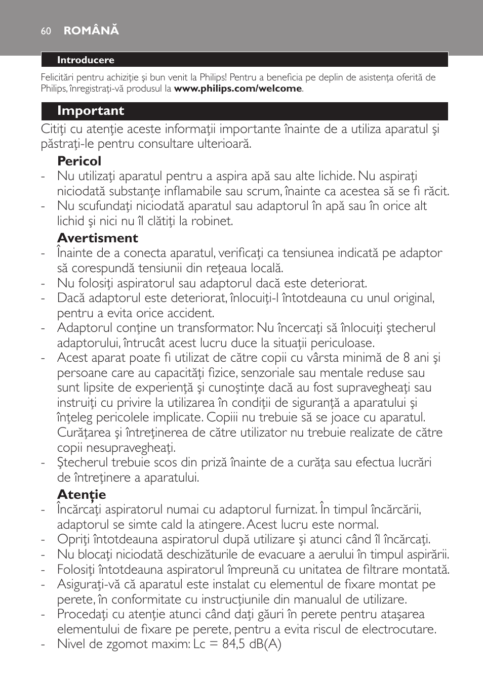 Română, Română 60 | Philips PowerPro Uno Aspirateur balai User Manual | Page 60 / 78