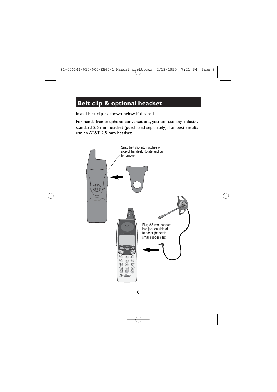 Belt clip & optional headset | AT&T E5630 User Manual | Page 8 / 10