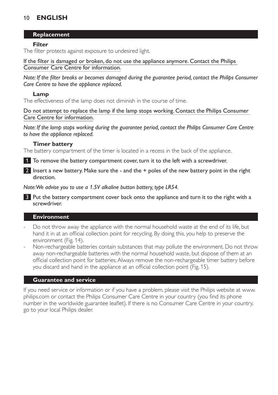 Filter, Lamp, Timer battery | Replacement, Environment, Guarantee and service, Troubleshooting | Philips Lampe infrarouge InfraCare User Manual | Page 10 / 84