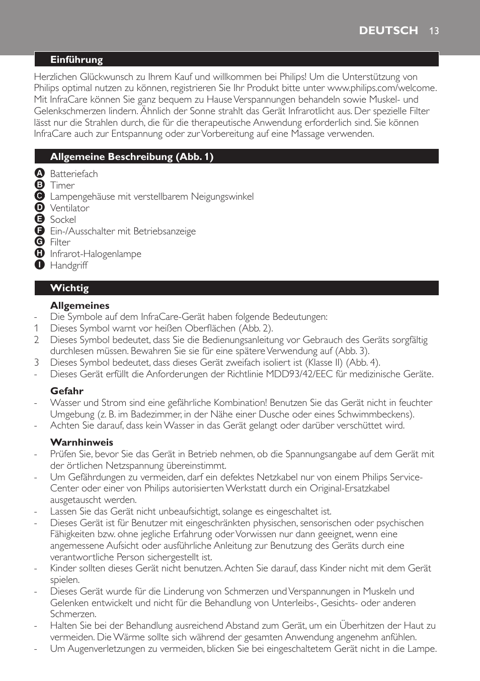 Allgemeines, Gefahr, Warnhinweis | Deutsch, Einführung, Allgemeine beschreibung (abb. 1), Wichtig | Philips Lampe infrarouge InfraCare User Manual | Page 13 / 84