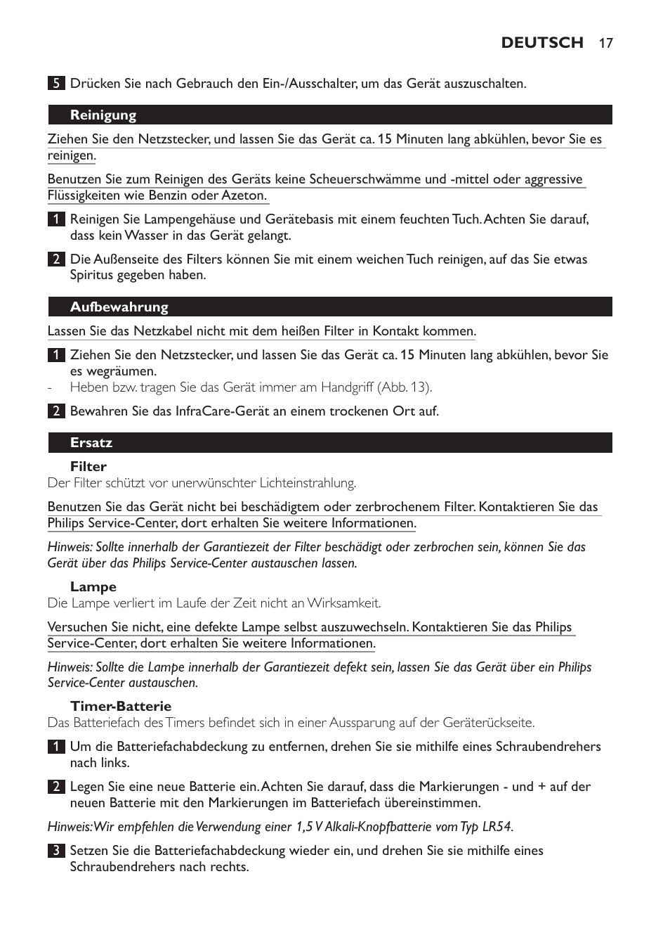 Filter, Lampe, Timer-batterie | Reinigung, Aufbewahrung, Ersatz | Philips Lampe infrarouge InfraCare User Manual | Page 17 / 84