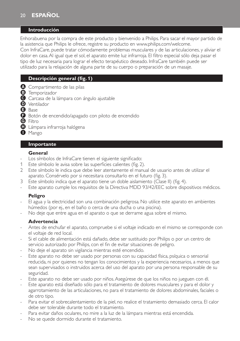 General, Peligro, Advertencia | Español, Introducción, Descripción general (fig. 1), Importante | Philips Lampe infrarouge InfraCare User Manual | Page 20 / 84