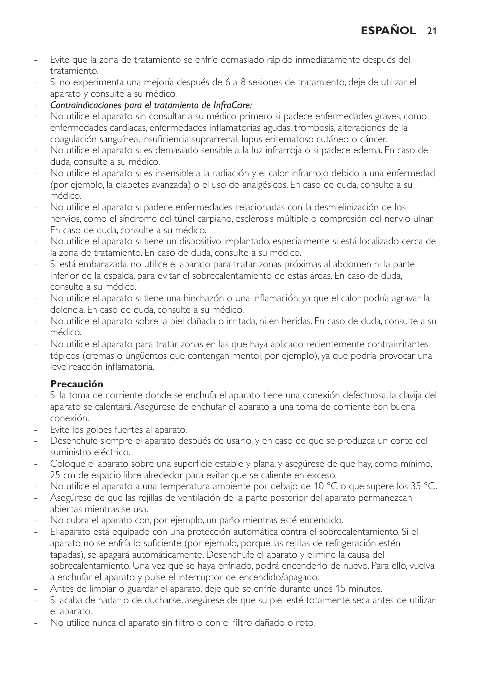 Precaución | Philips Lampe infrarouge InfraCare User Manual | Page 21 / 84