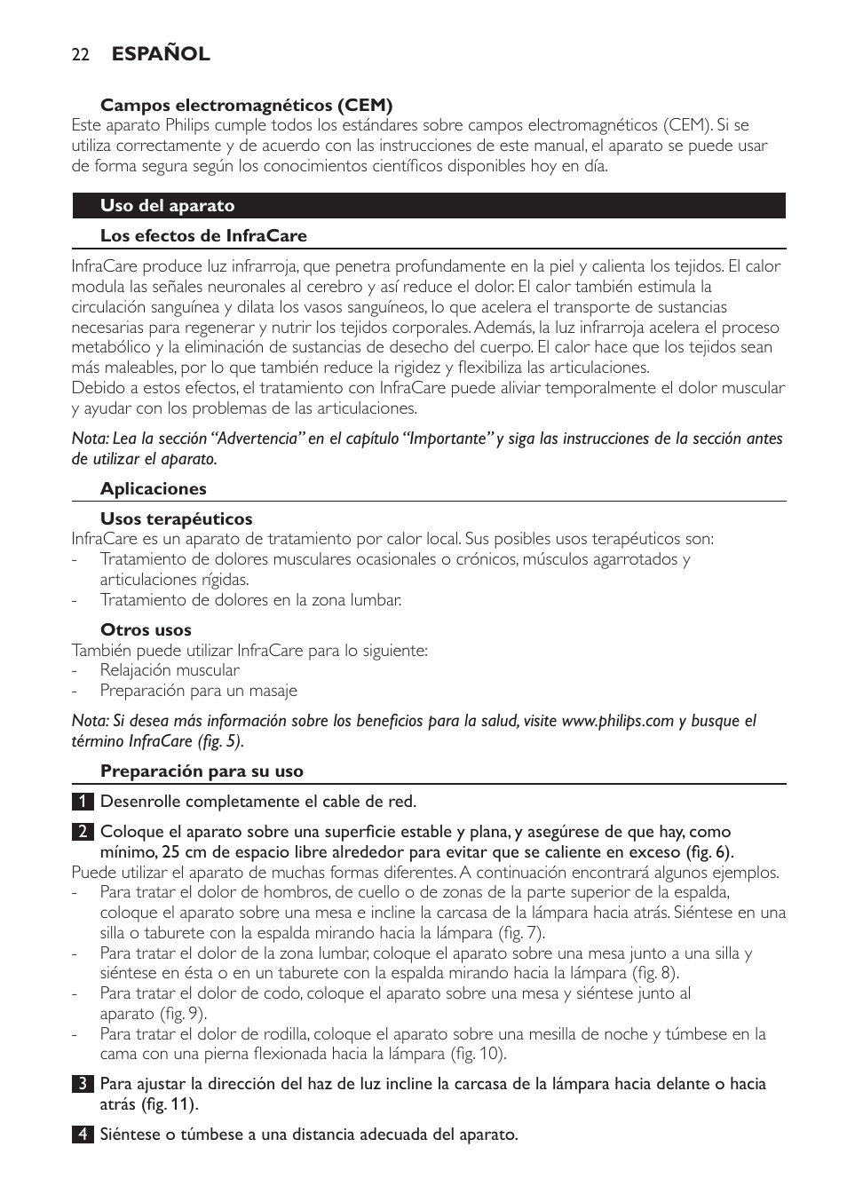 Campos electromagnéticos (cem), Uso del aparato, Los efectos de infracare | Aplicaciones, Usos terapéuticos, Otros usos, Preparación para su uso | Philips Lampe infrarouge InfraCare User Manual | Page 22 / 84