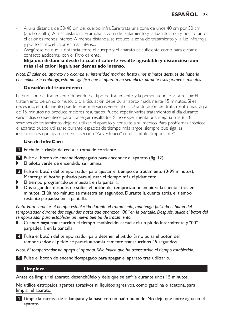 Duración del tratamiento, Uso de infracare, Limpieza | Philips Lampe infrarouge InfraCare User Manual | Page 23 / 84