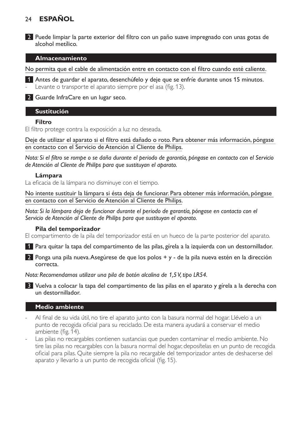Filtro, Lámpara, Pila del temporizador | Almacenamiento, Sustitución, Medio ambiente, Garantía y servicio | Philips Lampe infrarouge InfraCare User Manual | Page 24 / 84