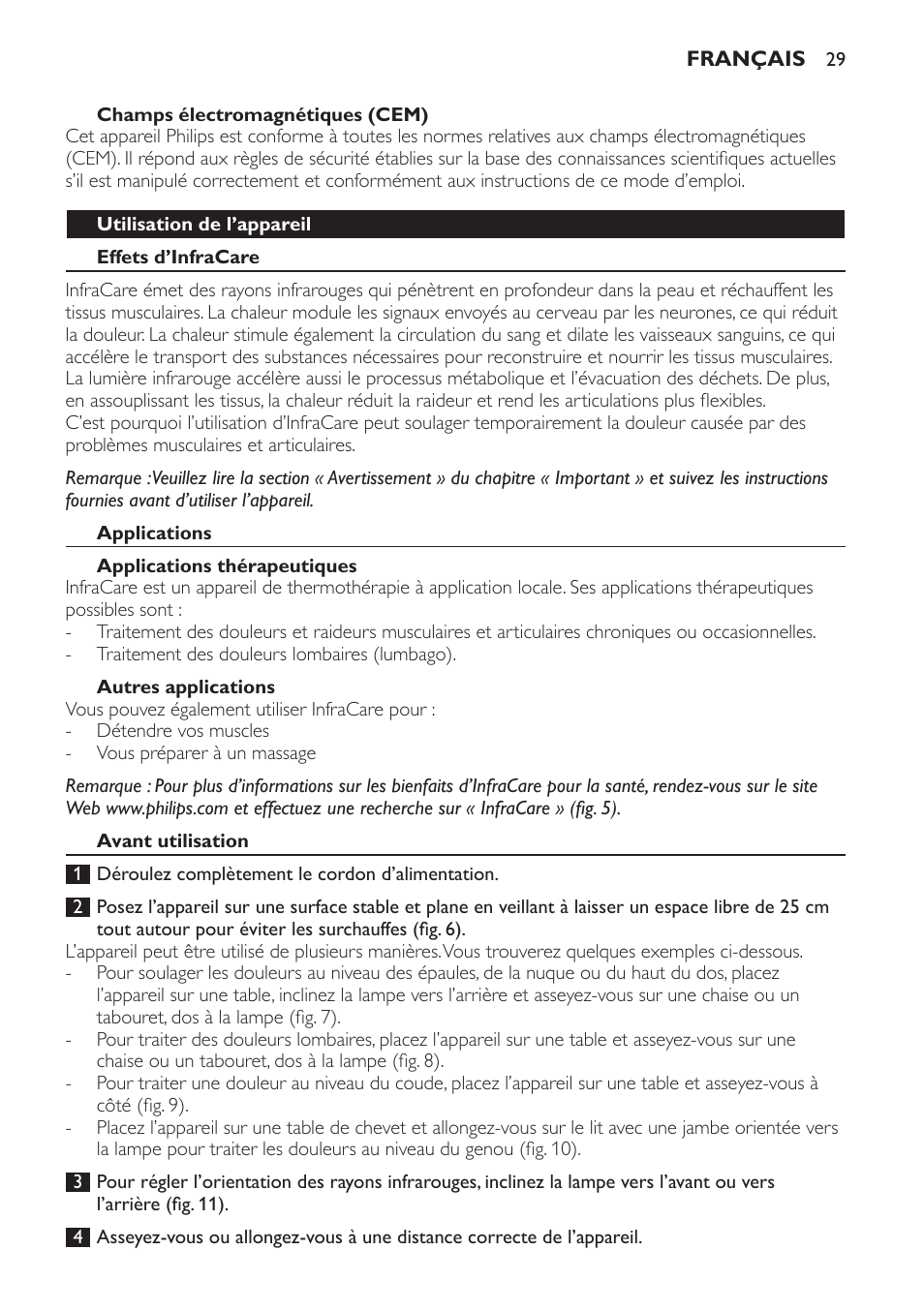 Champs électromagnétiques (cem), Utilisation de l’appareil, Effets d’infracare | Applications, Applications thérapeutiques, Autres applications, Avant utilisation | Philips Lampe infrarouge InfraCare User Manual | Page 29 / 84