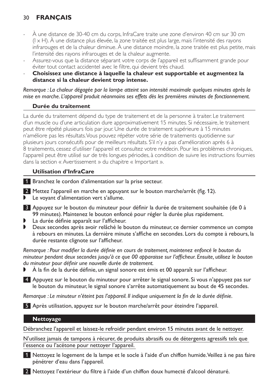 Durée du traitement, Utilisation d’infracare, Nettoyage | Philips Lampe infrarouge InfraCare User Manual | Page 30 / 84