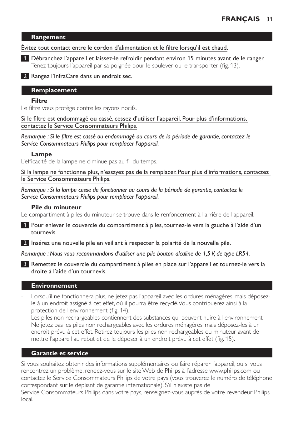Filtre, Lampe, Pile du minuteur | Rangement, Remplacement, Environnement, Garantie et service | Philips Lampe infrarouge InfraCare User Manual | Page 31 / 84