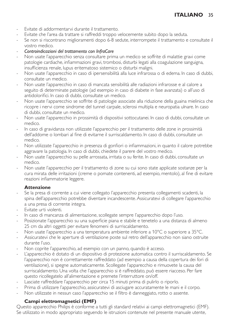 Attenzione, Campi elettromagnetici (emf) | Philips Lampe infrarouge InfraCare User Manual | Page 35 / 84