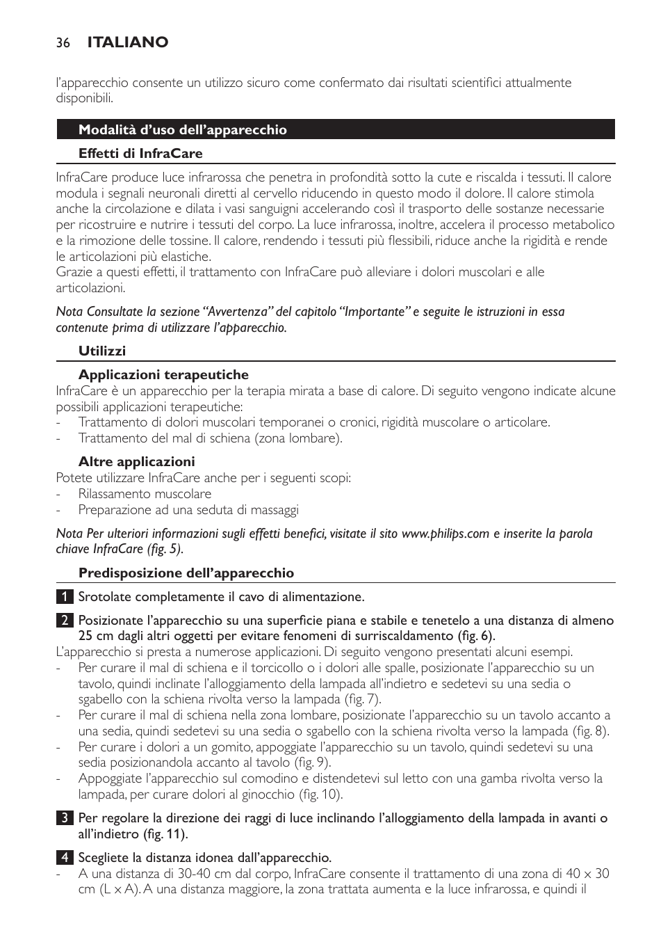 Modalità d’uso dell’apparecchio, Effetti di infracare, Utilizzi | Applicazioni terapeutiche, Altre applicazioni, Predisposizione dell’apparecchio | Philips Lampe infrarouge InfraCare User Manual | Page 36 / 84