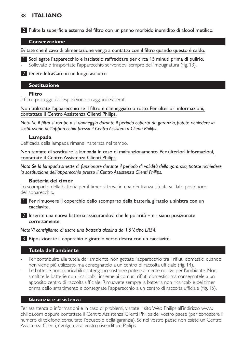 Filtro, Lampada, Batteria del timer | Conservazione, Sostituzione, Tutela dell’ambiente, Garanzia e assistenza | Philips Lampe infrarouge InfraCare User Manual | Page 38 / 84