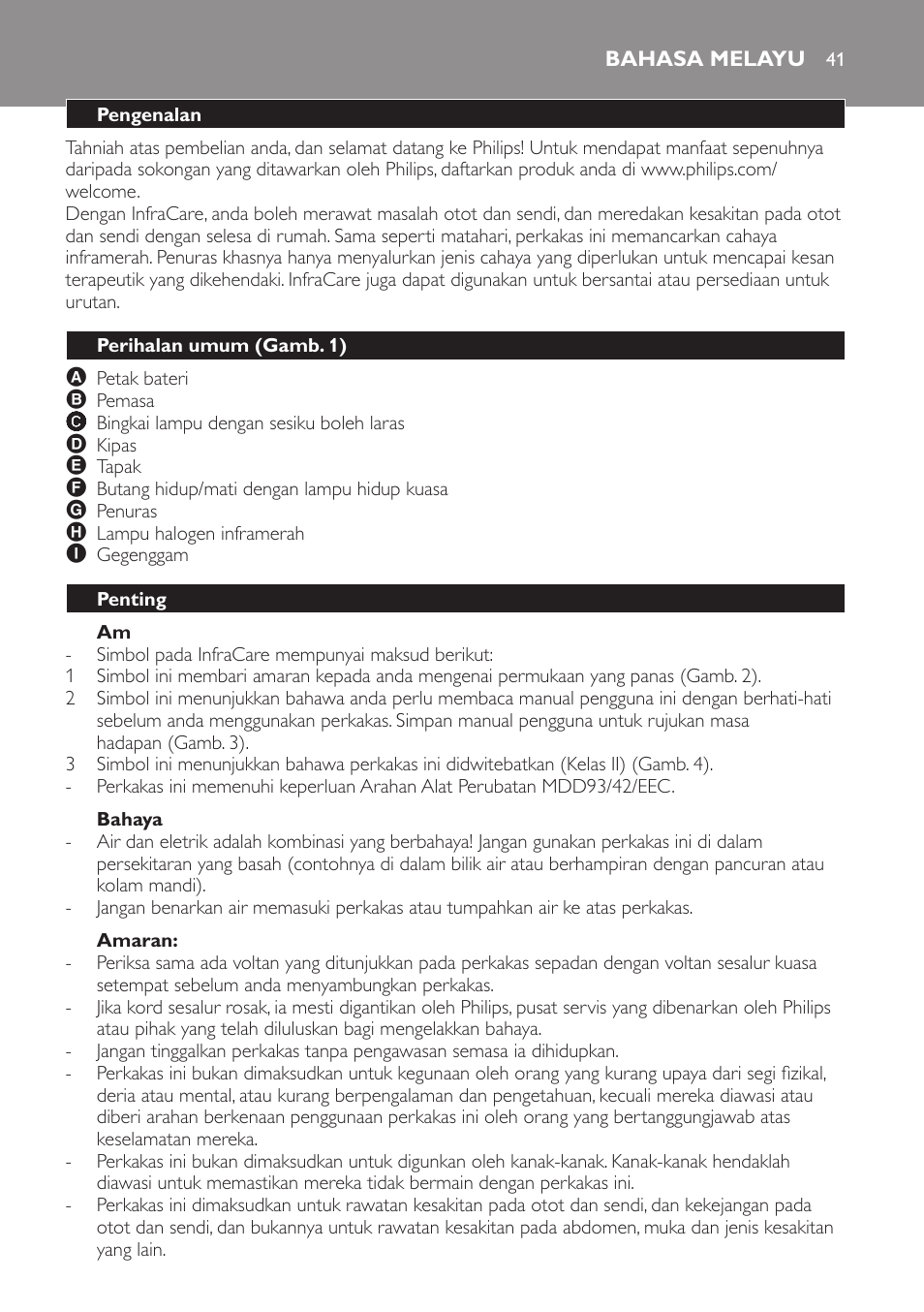 Bahaya, Amaran, Bahasa melayu | Pengenalan, Perihalan umum (gamb. 1), Penting | Philips Lampe infrarouge InfraCare User Manual | Page 41 / 84