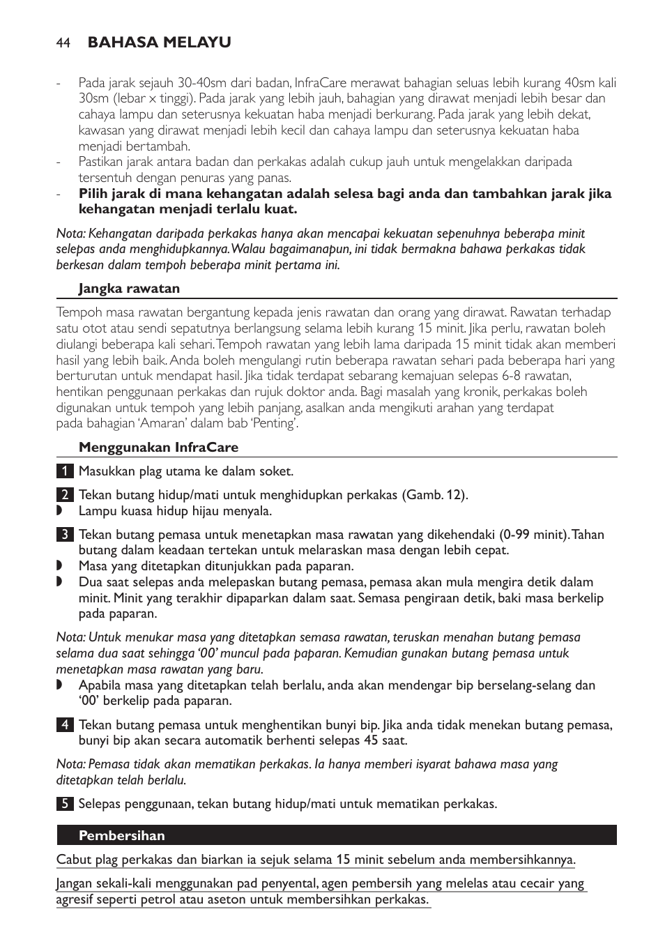 Jangka rawatan, Menggunakan infracare, Pembersihan | Philips Lampe infrarouge InfraCare User Manual | Page 44 / 84