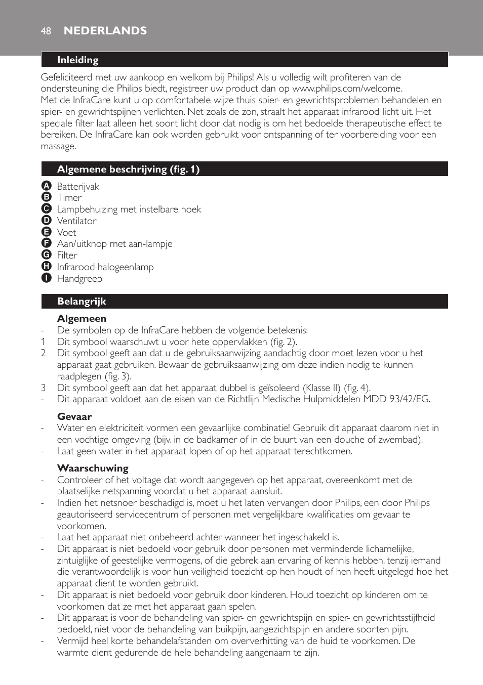 Algemeen, Gevaar, Waarschuwing | Nederlands, Inleiding, Algemene beschrijving (fig. 1), Belangrijk | Philips Lampe infrarouge InfraCare User Manual | Page 48 / 84