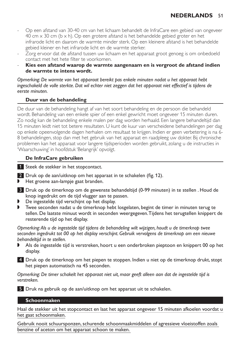 Duur van de behandeling, De infracare gebruiken, Schoonmaken | Philips Lampe infrarouge InfraCare User Manual | Page 51 / 84