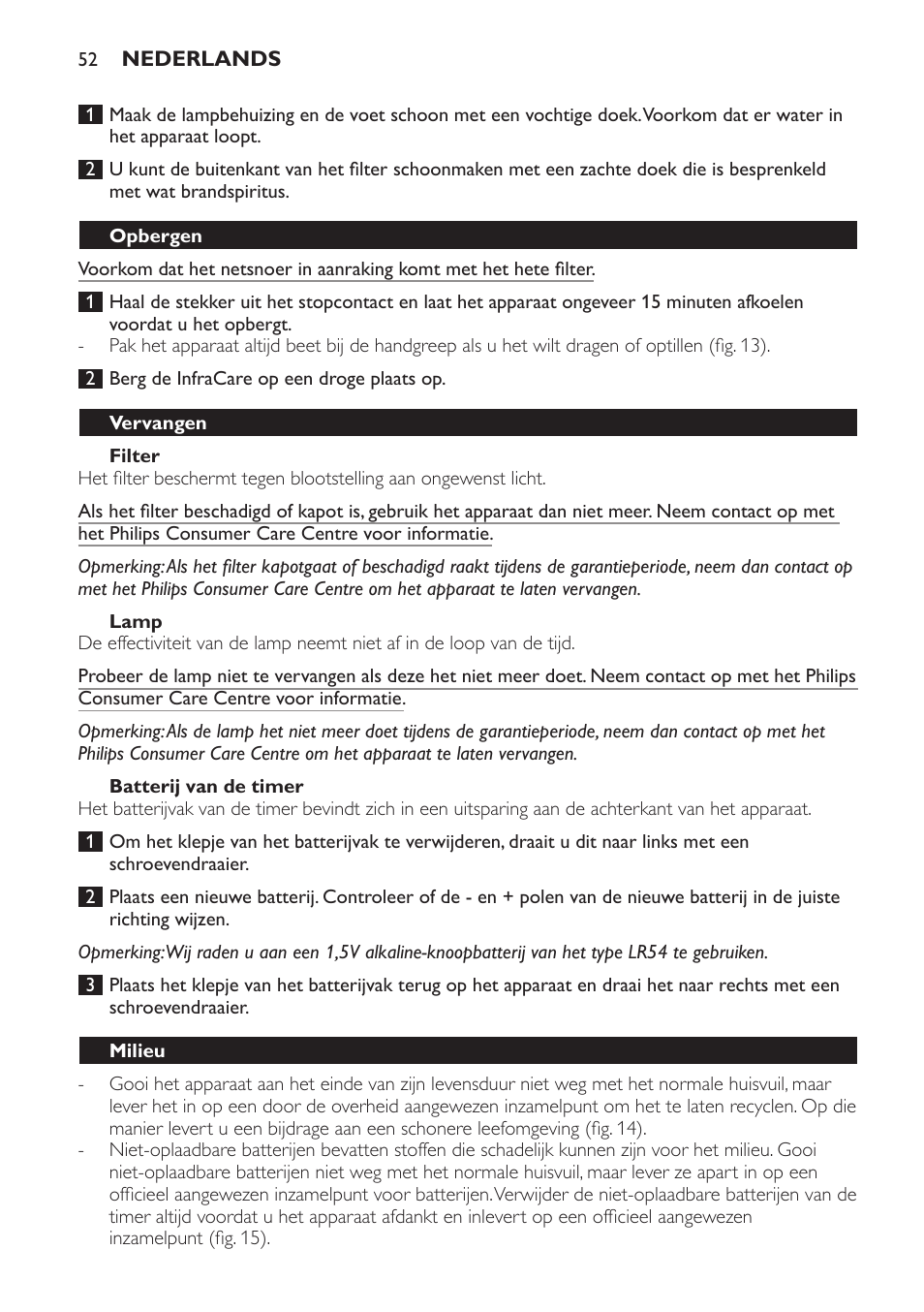 Filter, Lamp, Batterij van de timer | Opbergen, Vervangen, Milieu | Philips Lampe infrarouge InfraCare User Manual | Page 52 / 84
