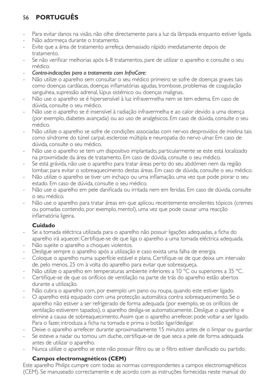 Cuidado, Campos electromagnéticos (cem) | Philips Lampe infrarouge InfraCare User Manual | Page 56 / 84