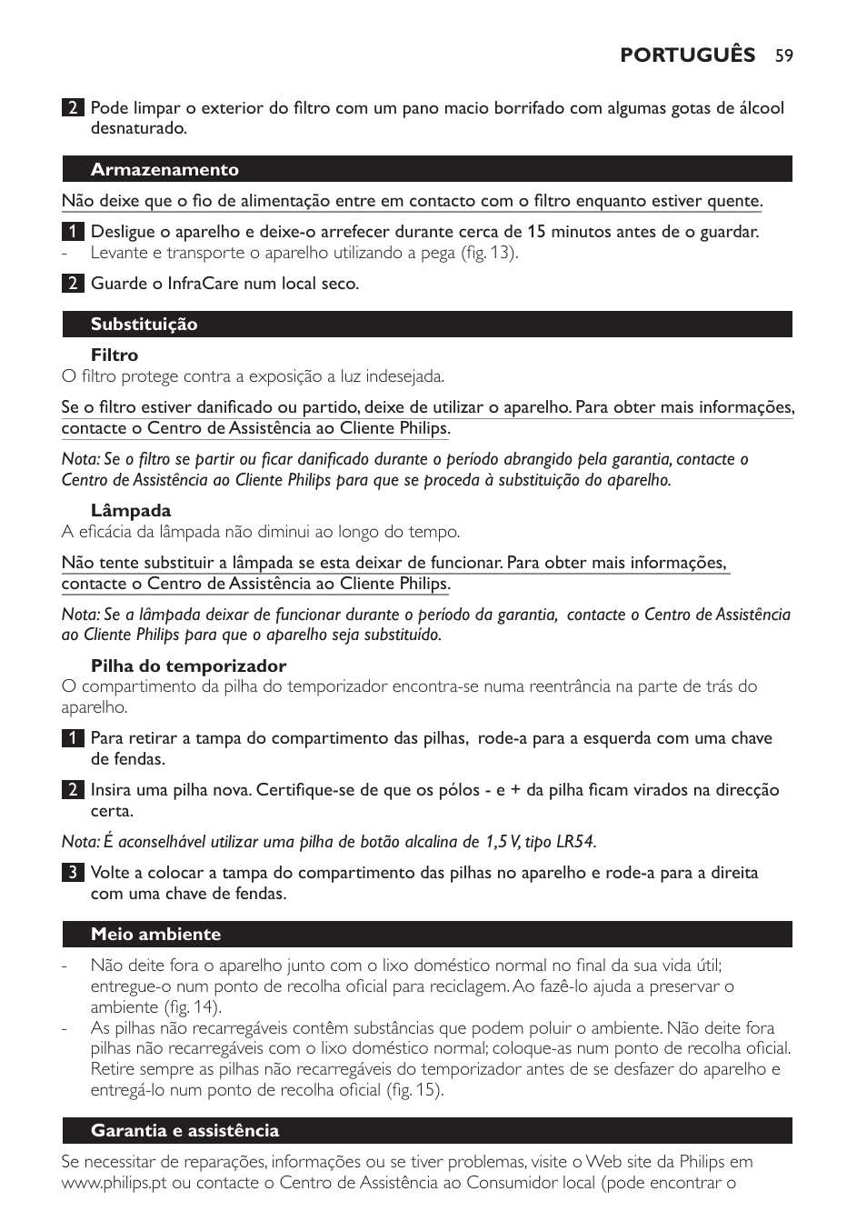 Filtro, Lâmpada, Pilha do temporizador | Armazenamento, Substituição, Meio ambiente, Garantia e assistência | Philips Lampe infrarouge InfraCare User Manual | Page 59 / 84