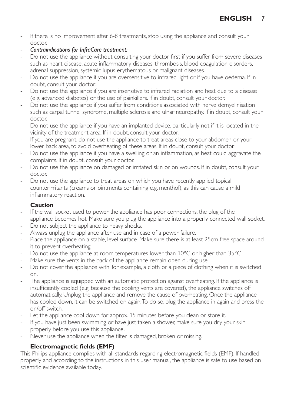 Caution, Electromagnetic fields (emf) | Philips Lampe infrarouge InfraCare User Manual | Page 7 / 84
