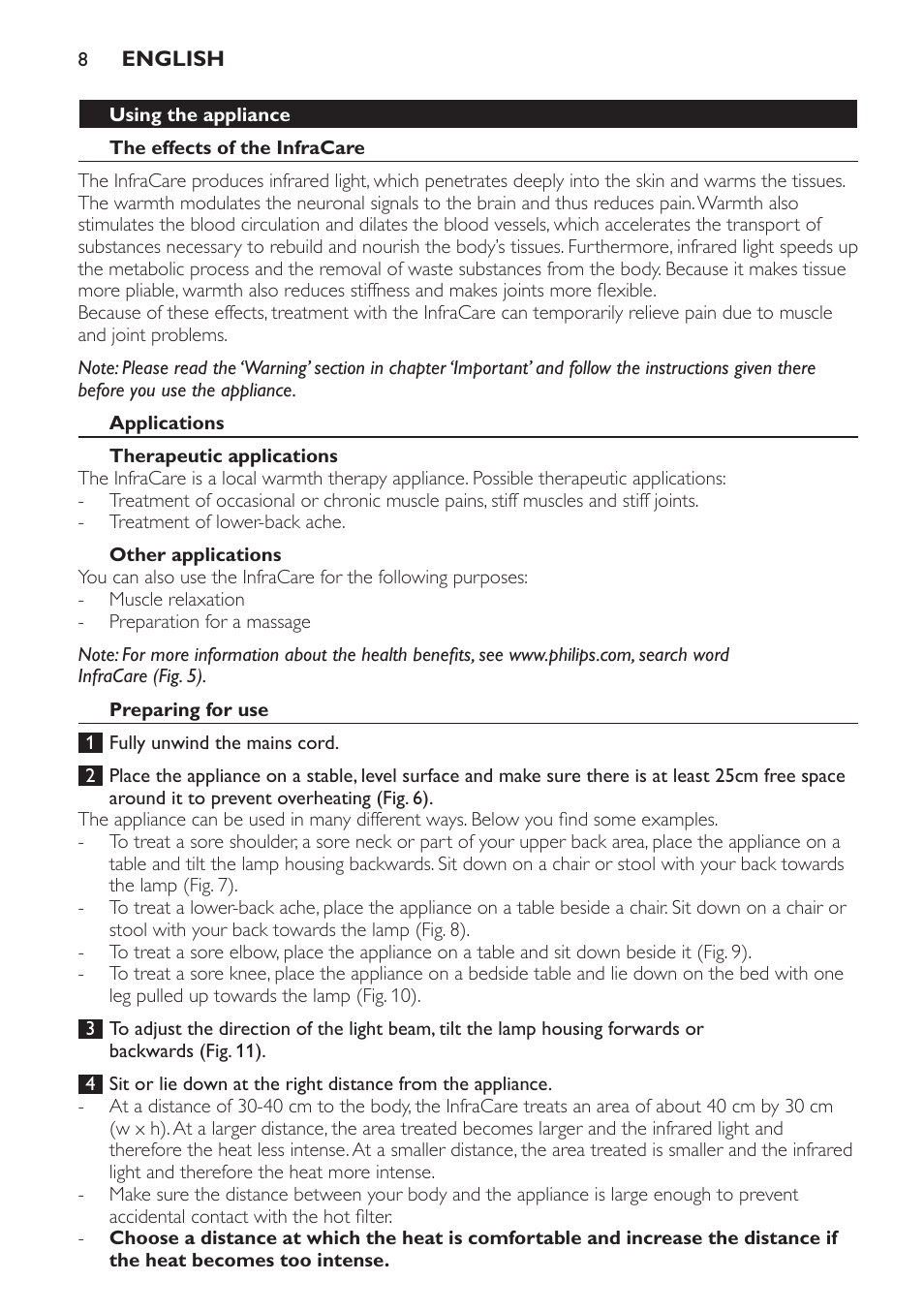 Using the appliance, The effects of the infracare, Applications | Therapeutic applications, Other applications, Preparing for use | Philips Lampe infrarouge InfraCare User Manual | Page 8 / 84