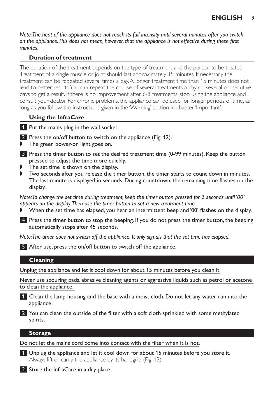 Duration of treatment, Using the infracare, Cleaning | Storage | Philips Lampe infrarouge InfraCare User Manual | Page 9 / 84